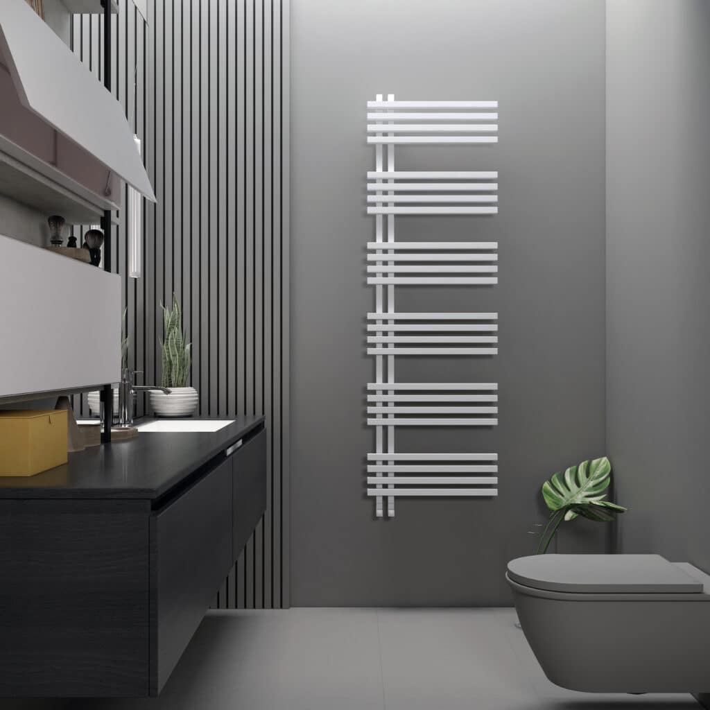 RadTherm 'Design Series' White Towel Rail in a grey bathroom