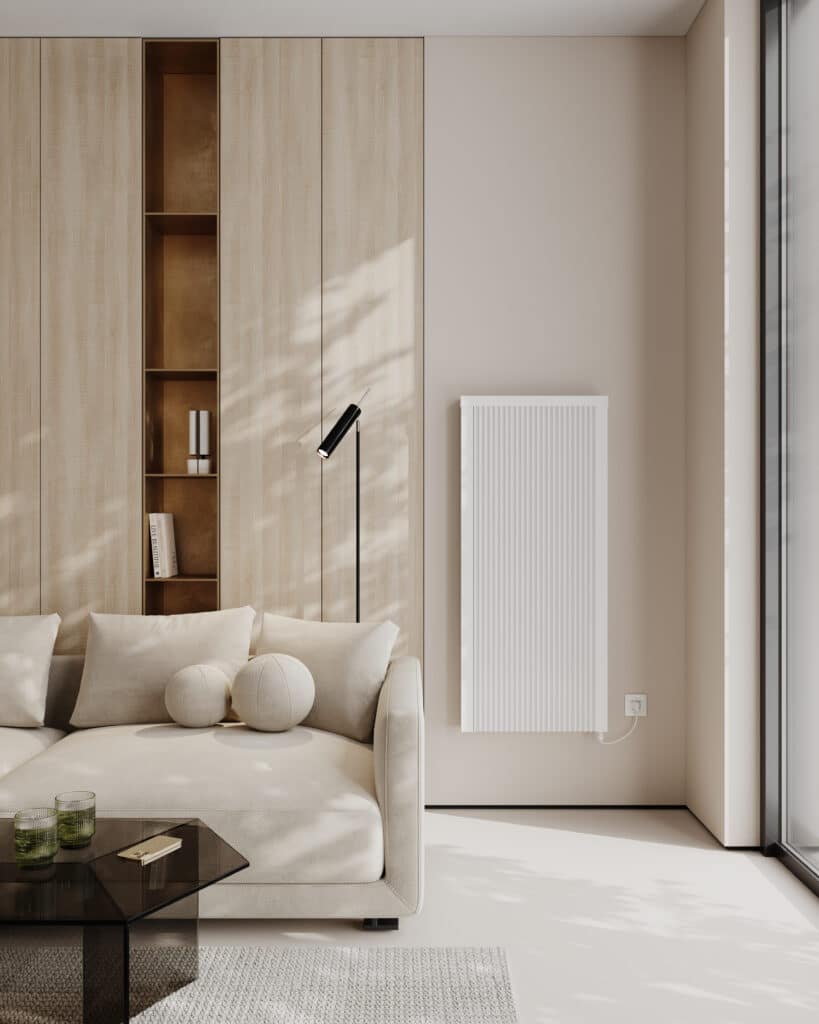 Vertical/tall RadTherm electric radiator on a living room wall